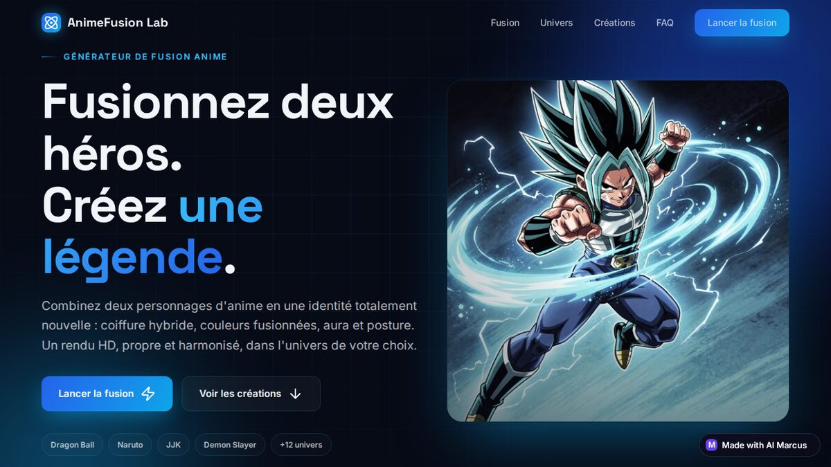 Anime fusion lab site: dark hero with a stylised character illustration