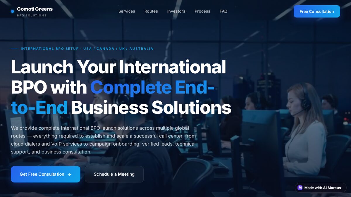 BPO agency site: dark hero with a consultation call to action