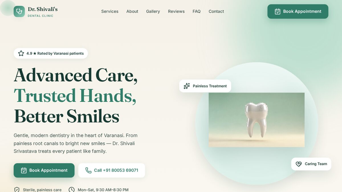 Dental clinic site: hero with a booking button and a tooth illustration