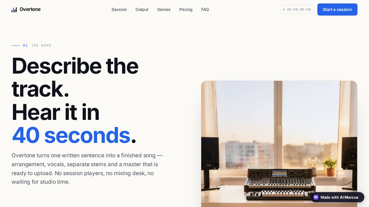 AI music studio site: headline about turning a sentence into a finished track