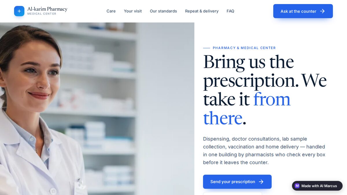 Pharmacy site: pharmacist photo and a prescription upload button