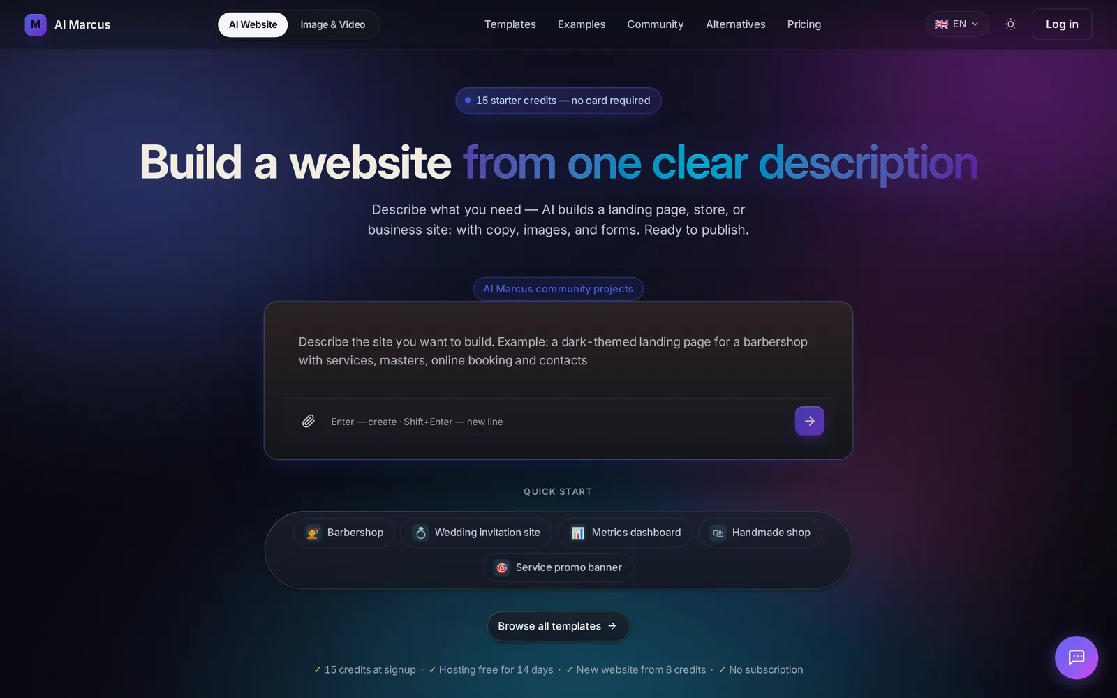 The AI Marcus generator: a text box where you describe your business, with quick-start examples below it