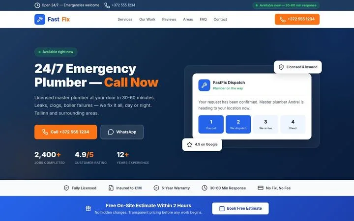 Emergency plumber website built with AI Marcus &mdash; 24/7 call-now landing page