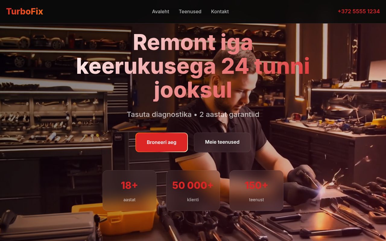 AI Marcusega loodud autotöökoja veebilehe avaleht